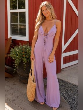 MAGIA U.S.A. Lilac Lace-Up Wide Leg Jumpsuit | Medium